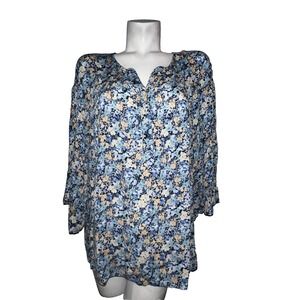 J. Jill Womens Blue Floral Split Neck 3/4 Sleeve Tunic Top Sz L Cottagecore Boho